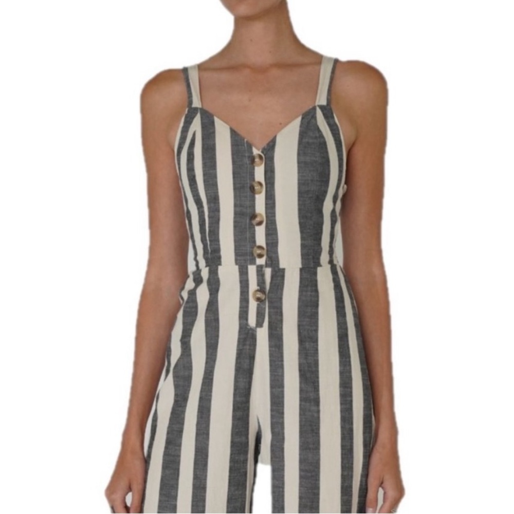 Japna Striped Linen-Blend Jumpsuit in Cream and Gray NWT